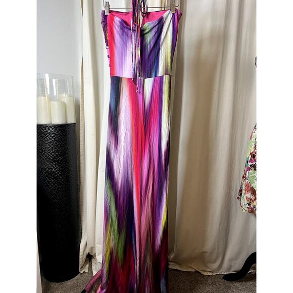 Sky Multi Color Halter Tie Long Maxi Dress Medium - Picture 5 of 5